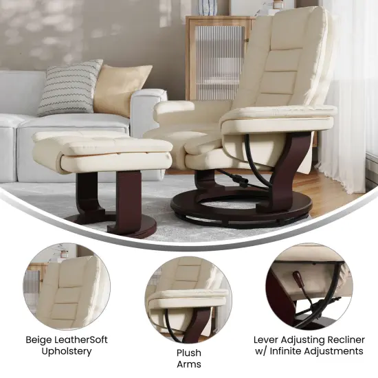 Emma and Oliver Multi-Position Stitched Recliner & Ottoman with Swivel Base Beige {3}