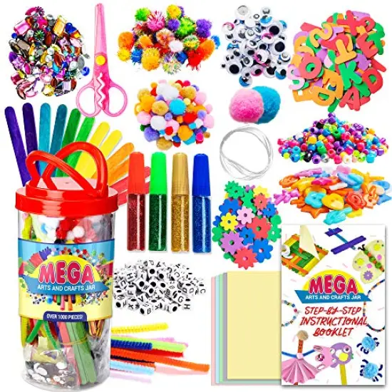 1000+ Piece Set Mega Kids Crafts and Art Supplies Jar Kit- Instructional Booklet Included - Glitter Glue, Construction Paper, Colored Popsicle Sticks, Googly Eyes, Pipe Cleaners {1}