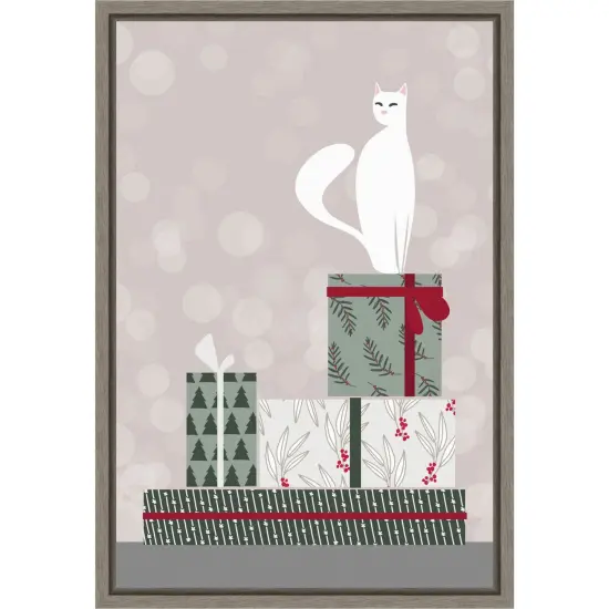 Retro cat and gifts by Rosana Laiz Blursbyai Framed Canvas Wall Art {1}