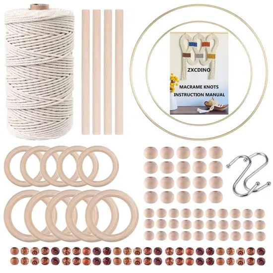 119 Pieces Macrame Kits for Starter 3mm x 109Yards Natural Cotton Macrame Cord with 100pcs Wooden Beads,10pcs Wooden Rings,Wooden Sticks,Metal Rings,S Hooks Macrame Supplies for Plant Hangers {2}