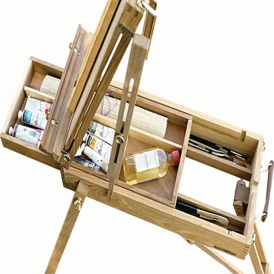 Creative Mark Cezanne Half Box French Easel - Oiled Elm Wood Plein Air Artist Easel, Holds Canvas Up to 33", Comfortable Handle, Divided Supplies Drawer, Brass Hardware, Telescoping Legs {3}