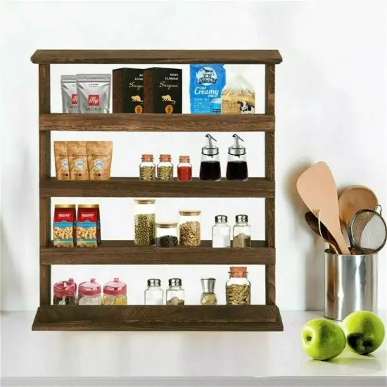 Wall Hanging Wood Spice Holder 4 Tier Vertical Kitchen Rack Spice Storage Shelf {4}