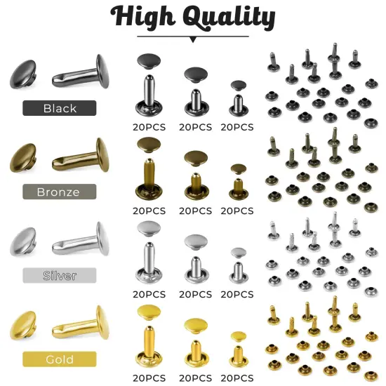 420 Set Leather Rivets Kit, Double Cap Brass Rivets Leather Studs with 3PCS Setting Tools for Leather Repair and Crafts, 4 Colors and 3 Sizes {6}