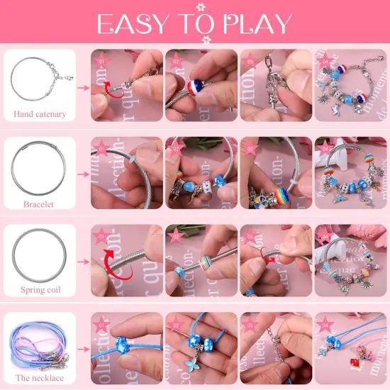 Charm Bracelet Making Kit – 72-Piece Unicorn & Mermaid Jewelry Craft Set for Girls Aged 5-12 (Rose) {3}