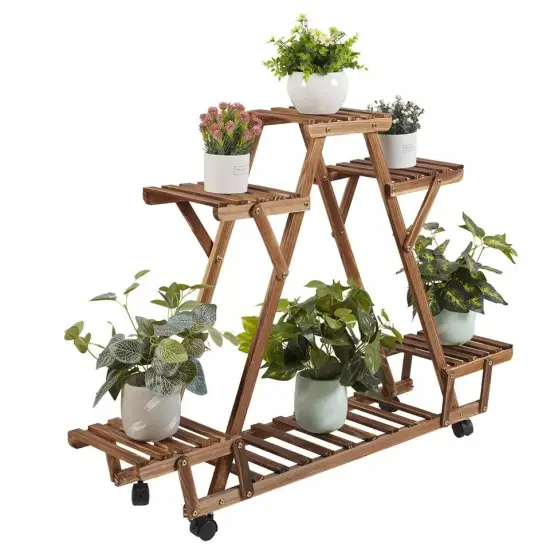 Indoor Outdoor Plant Stand Flower Pot Holder Rack Wood Shelf Wheels Heavy Duty {1}