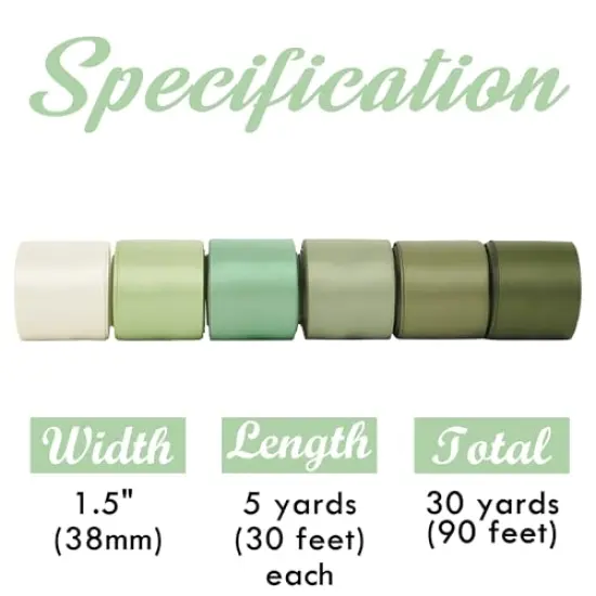6 Rolls Sage Green Ribbon 1-1/2 inch Light Sage/Dusty Sage/Moss Green/Antique White Satin Ribbon Set for Flower Bouquet, Gift Wrapping, Hair Bows, Crafts, Eternal Flowers- {6}