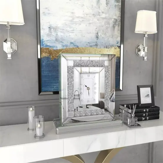 Crushed Diamond Table Clock w/ Quartz Movement Mirrored Desk Mantel Clock Silver {3}