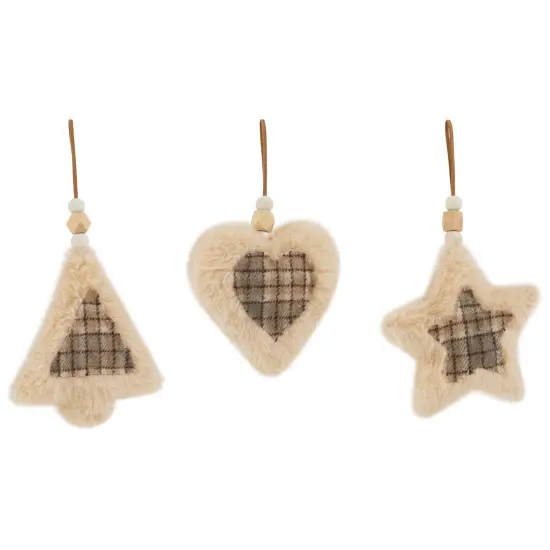 Northlight Plush Tree Star and Heart Shaped Plaid Christmas Ornaments - 4.5" - Tan - Set of 3 Beige {5}