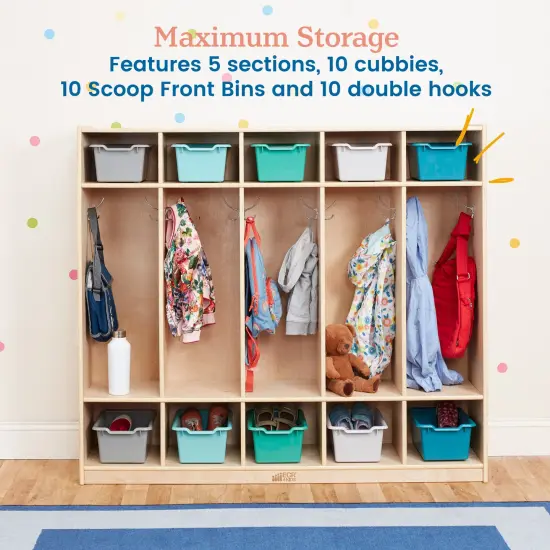 5-Section Coat Locker with 10 Scoop Front Storage Bins, Natural Contemporary {5}
