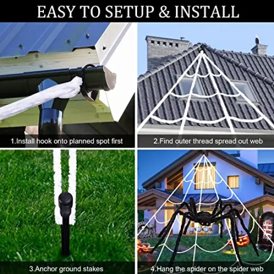 200 inc Halloween Decorations Outdoor 200'' Triangular Spider Web + 47'' Giant Fake Spiders, Halloween Decor Indoor Clearance for Home Outside Yard Costumes Party Haunted House Garden Lawn {3}