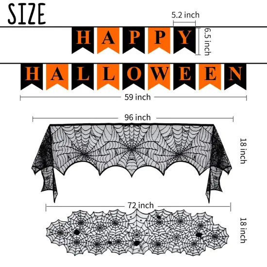 60 Pieces Halloween Decorations Indoor Set , - Halloween Fireplace Mantel Scarf & Round Table Cover & Lace Table Runner &Halloween Banner & Scary 3D Bat for Halloween Party Decorations Black {2}