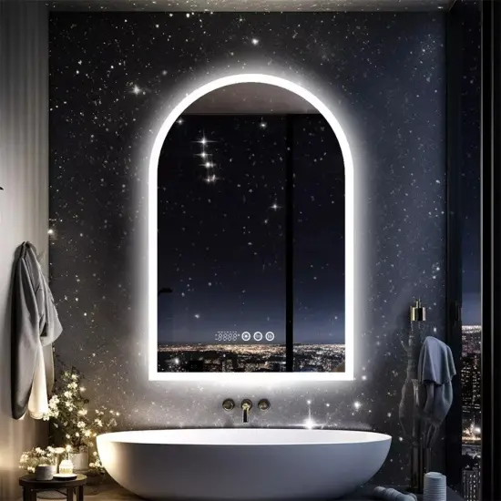 Backlit Bathroom Mirror Arched Wall Vanity Mirror 3 Color Lights Anti-fog Makeup {2}