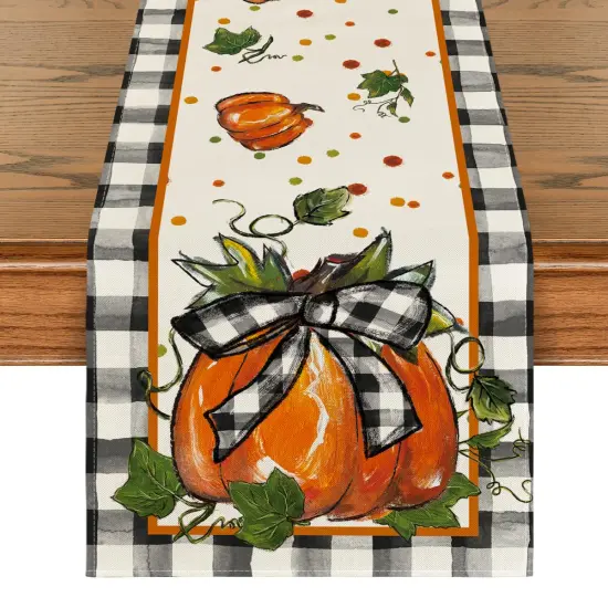 Pumpkin Bow Buffalo Plaid Fall Table Runner,Seasonal Autumn Kitchen Dining Table Decoration for Home Party Decor 13x72 Inch {2}