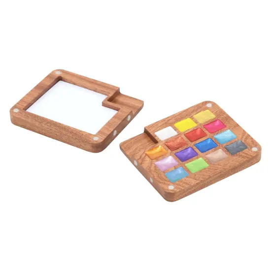 SoHo Urban Artist Mini Wooden Travel Watercolor Palette of 15 Metallic Colors - Professional Watercolor Paint Set for Plein Air Artists, Semi-Moist Pans, Pocket-Sized Magnetic Wood Case with Mixing Area {7}