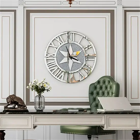 23.6'' Round Mirrored Wall Clock Crushed Diamond Silver Large Real Mirror Clocks {6}