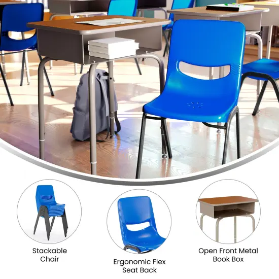 Emma and Oliver Jacobs Desk/Chair Set with Metal Open Front Storage Box, Desktop, Metal Frame and Stackable Flex Comfort Classroom Chair WalnutTop/NavyChair {3}