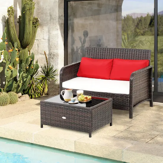 Costway 2PCS Patio Rattan Wicker Love-seat Coffee Table SetCushioned Bench Garden Deck {4}