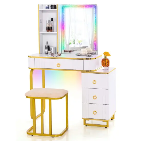 Costway Vanity Table Set with RGB LED Lights Crystal Crush Diamond Mirror Drawers Black/White {2}