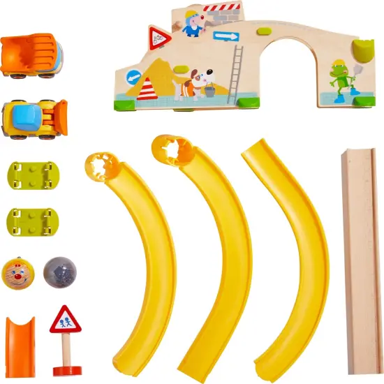 HABA Marble Run Building Set for Kids 2+ - Kullerbu Construction Site Play Track, 13 Piece Set with 2 Vehicles and Ball Drop, Construction Toys Multicolor {3}