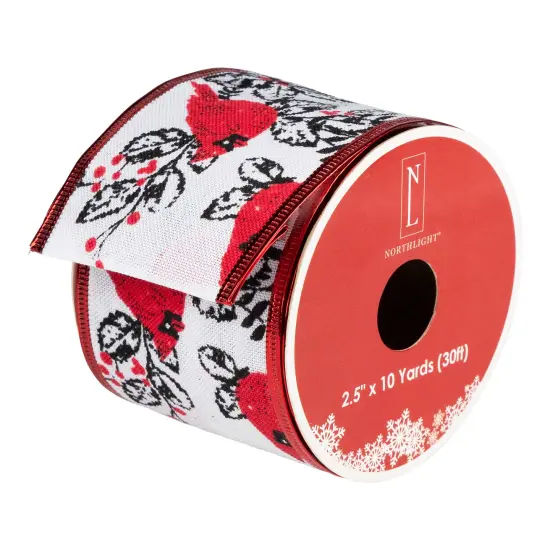 Northlight Cardinals with Leaves and Berries Wired Craft Christmas Ribbon 2.5" x 10 Yards White {6}