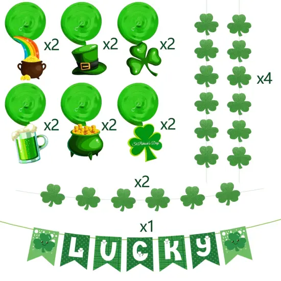 31Pcs St Patricks Day Decorations Pre-Assembled Shamrock Lucky Banner Garlands Clover Hanging Swirls Irish Decor for Home Saint Patrick Party Supplies {2}