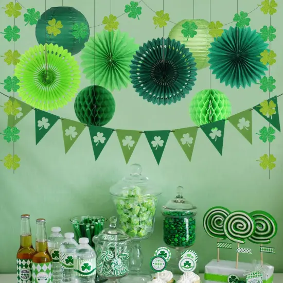 zilue St Patricks Day Decorations, Green Party Supplies Four-leaf Clover Garland Tissue Paper Fan Paper Lantern for Irish Party Saint Patricks Day Decor {2}