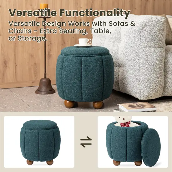 19"H Boucle Upholstered Storage Ottoman Stool with Rubberwood Feet Blue {4}