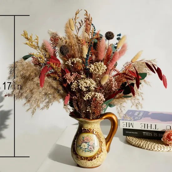 Natural Dried Pampas Grass Bouquet,17" Natural Dried Flower Bouquet，Pampas Grass Silver Dollar Leaf Decoration {3}