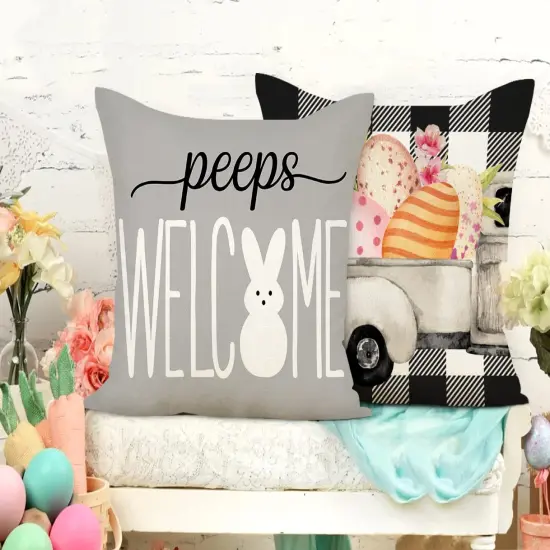 Easter Pillow Covers 18x18 Set of 4 Easter Decorations for Spring Farmhouse Pillows Easter Decorative Throw Pillows Buffalo Plaid Bunny Eggs Welcome Peeps Throw Cushion Case for Home Decor TH163 {5}