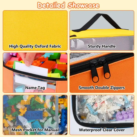 5 Pack Toy Storage Bags Compatible with LEGO Bricks, Portable Carrying Case for LEGO Easy Organizer, Puzzles Blocks Containers& Board Game Bins with Name Tag, Manual Pocket, Visible Top& Handle {6}