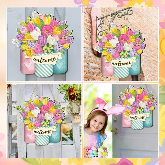 Spring Welcome Sign Wood Front Door Decor Spring Wood Hanging Door Outdoor sign Decorations for Farmhouse Porch (Bright Style) {4}