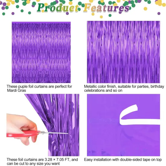 2 Pack Mardi Gras Backdrop Curtains, 3.28 FT x 7.05 FT Purple Tinsel Backdrop, Metallic Mardi Gras Backdrop Fringe Curtains Foil Streamer Backdrop, Mardi Gras Party Supplies Mardi Gras Decorations {4}