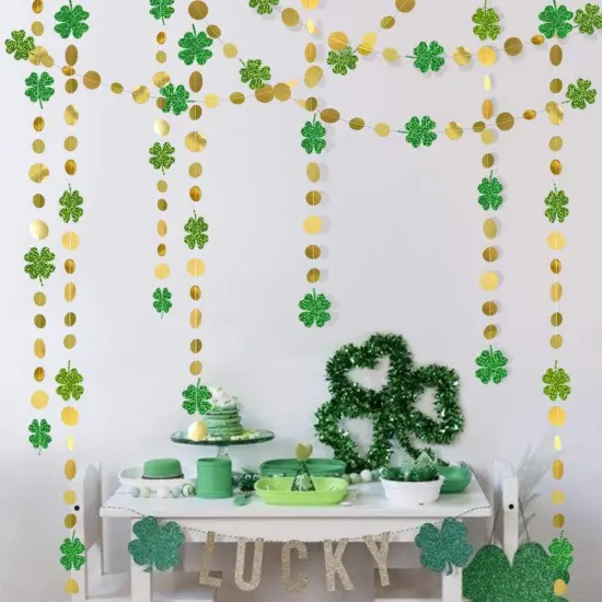 Cheerland Green Shamrock Garland St Patricks Day Decorations - 4 Leaf Clover Glitter St Paddy's Day Garland Hanging Streamers for St. Patrick's Day Irish Party Supplies and Spring Decor - 52Ft {2}