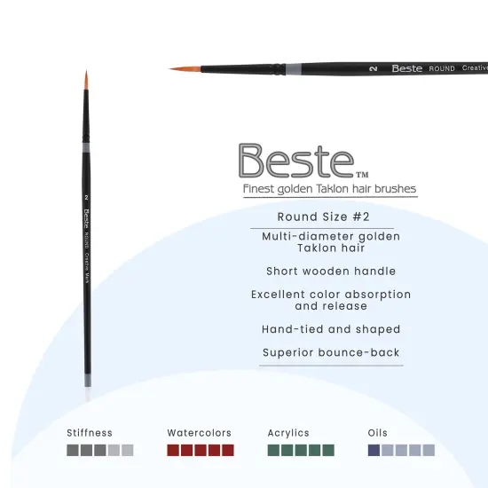 Creative Mark Beste Golden Taklon Round #2 Pack of 3 Artist Brushes, Professional Watercolor Brushes, For Acrylic Painting, Short Handle, Sharp Edges, Hand-Tied & Shaped {3}