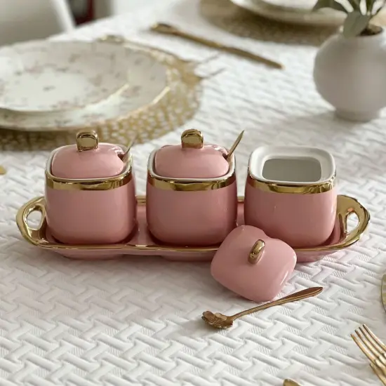 Coffee Tea and Sugar Porcelain Pots with Gold Trim Pink {6}