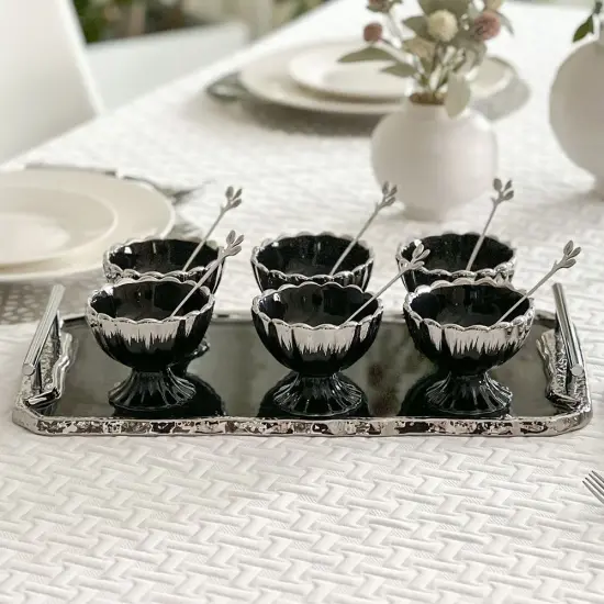 Porcelain Dessert Mugs with Tray Black / Silver {1}
