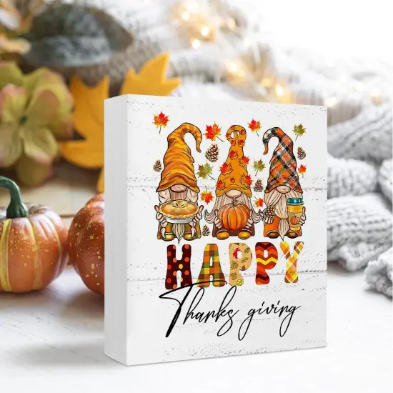 Happy Thanksgiving Fall Gnomes Wood Box Sign Tabletop Decor {2}