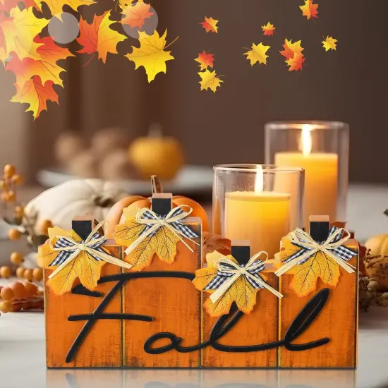 4 Pcs Fall Wooden Block Sign Table Decor {3}