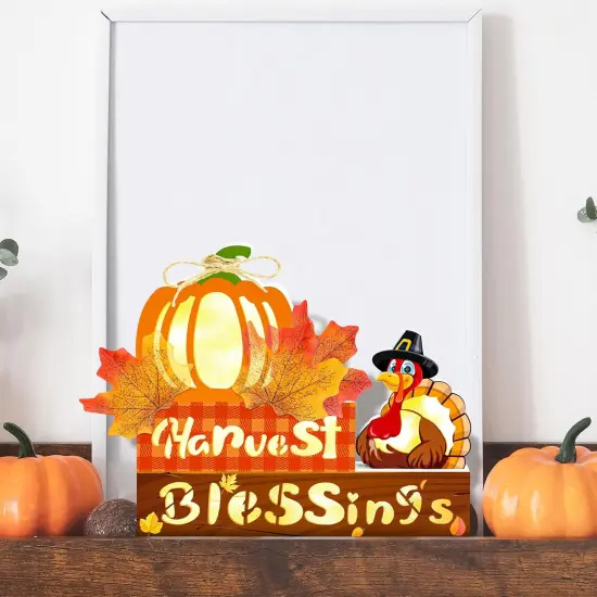 Wooden Thanksgiving Tabletop Decor Lighted Block Sign Fall Decorations {2}