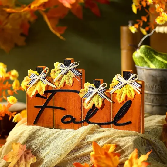 4 Pcs Fall Wooden Block Sign Table Decor {2}