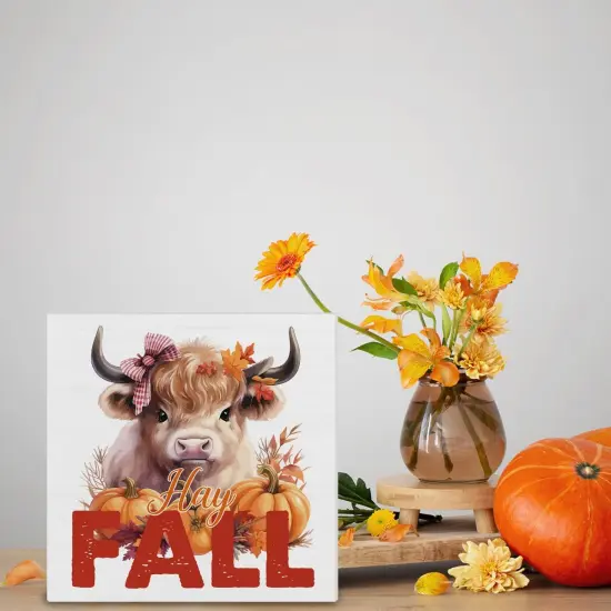 Fall Pumpkin Cow Wooden Sign Tabletop Decorations - 5 X 5 Inches {3}