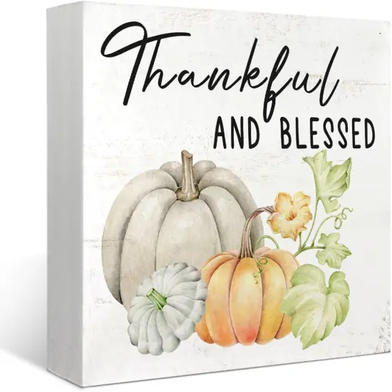 5x5 Inch - Rustic Thankful and Blessed Wooden Box Sign Tabletop Decor {1}
