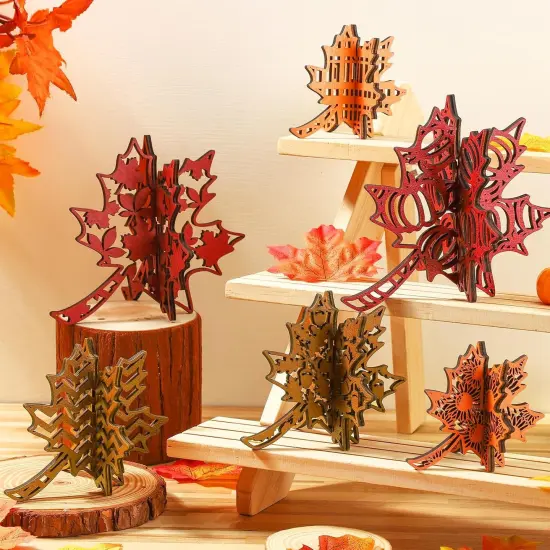 12 Pcs Thanksgiving Wooden Table Signs Maple Leaf Wood Tabletop Decoration {3}