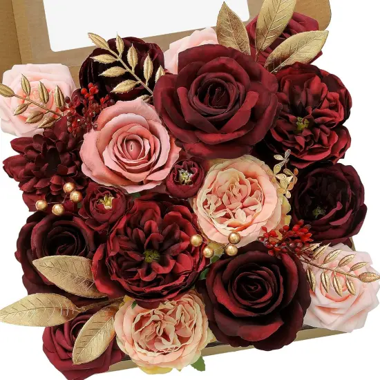 Artificial Flowers Burgundy Pink Fake Flowers Bouquets {1}