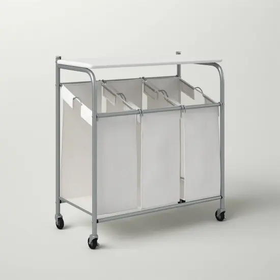 Beige Fabric 3-Section Wheeled Laundry Sorter with Folding Ironing Board {1}