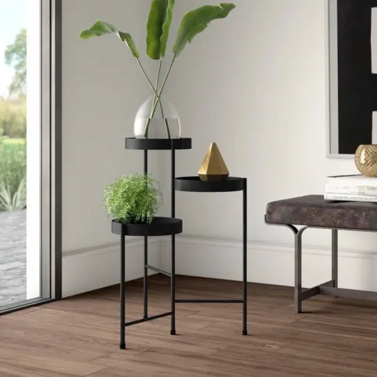 Modern 3 Tier Metal Plant Stand with Rotating Trays Indoor Flower Pot Holder Fully Assembled Black {5}