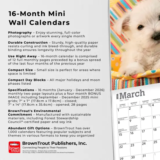 West Highland White Terrier Puppies | 2026 7 x 14 Inch (Hanging) Monthly Mini Wall Calendar {6}