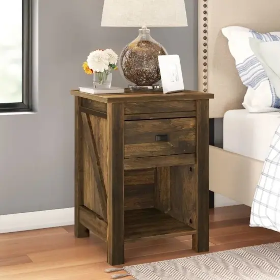 Farmhouse Bedroom Nightstand with Drawer and Open Shelf Rustic Pine {3}