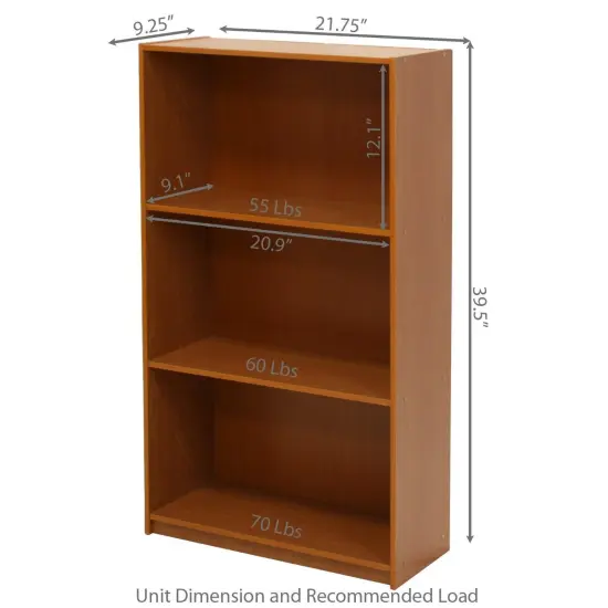 Modern Light Cherry Wooden 3-Tier Bookcase with Open Storage Shelves for Home or Office Use {5}