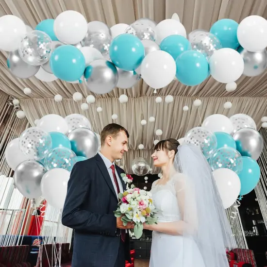 100pcs Teal Blue White Silver Confetti Latex Balloons {6}